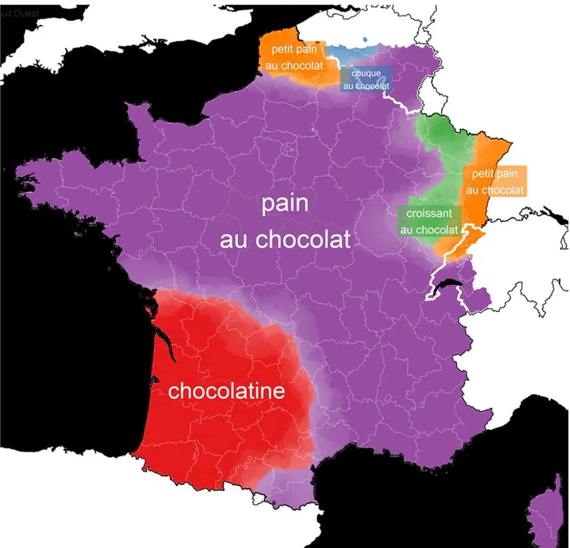 Mapa mostrando as regiões da França onde se diz "pain au chocolat" e "chocolatine"